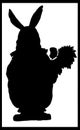 Isolated silhouette, romantic character, cute, kind rabbit with plump cheeks and long ears in jacket, hold large sunflower in paw