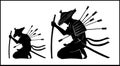 Isolated silhouette of a samurai pierced with arrows, sitting on his knees in a straw hat with a katana in his hand.