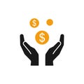 Isolated silhouette of some yellow coins, money in two black hands on white background. Symbol of cash charity investment. Icon of
