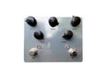 Isolated silver metal modern overdrive stomp box effect.
