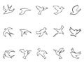 Simple birds flying outline icons set