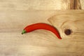 Isolated single red hot chilli pepper for ingredient of spicy meal or salad on wooden natural background from above Royalty Free Stock Photo