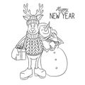 Isolated sketch Cartoon cute hand drawn Christmas deer with snowwoman Royalty Free Stock Photo