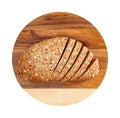 Isolated sliced bread with seeds and flakes on wooden round cutting board on white background. Royalty Free Stock Photo