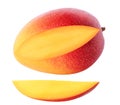 Isolated sliced mango. Cut out mango fruit and slice isolated on white background with clipping path. Royalty Free Stock Photo