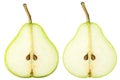 Isolated sliced pears. Two yellow green pear fruits slices isolated on white background with clipping path. Royalty Free Stock Photo