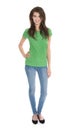 Isolated slim young woman in blue and green in whole body shoot.