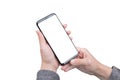 Isolated smart phone in woman hands. Isolated screen for mockup Royalty Free Stock Photo