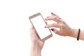 Isolated smart phone in woman hands. Woman touch mobile phone screen