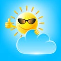 Isolated smiling sun in sunglasses disperses the clouds and shows the okay sign with its own hands. Fairy tale character for child Royalty Free Stock Photo