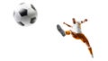 Isolated. Soccer kick. A soccer player kicks the ball in air fashion. Professional soccer player in action Royalty Free Stock Photo