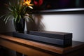 an isolated sound bar with subwoofer on a sleek, modern table