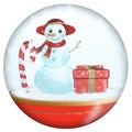 Isolated souvenir glass ball with a snowman figurine, a gift and falling snow. Merry Christmas and a happy new year Royalty Free Stock Photo