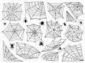 Isolated spider web and spiders black set. Halloween graphics, cobweb corners and full nets. Tattoo or border design