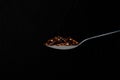 Isolated spoon full of dryed chilli pepper in a black background