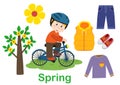 Isolated spring set with boy, tree and clothes Royalty Free Stock Photo