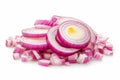 Isolated stack of chopped red onion on white, clipping included