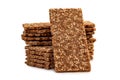Isolated stack rye, wheat crisp bread cookie on white background. Isolated Snack