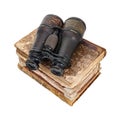 isolated Stacks of old books with binoculars Royalty Free Stock Photo