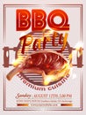 Isolated Steak realistic Vintage Vector Emblem, Label or Logo Template. Meat with a grill, realistic fire Effect. Barbecue poster