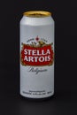 An isolated Stella Artois Tallboy Beer Can on a black background