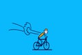 Isolated stick figure riding a bicycle against a blue background