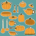 Isolated stickers of pumpkin kitchen utensils on blue background