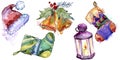 Isolated stocking, bell, candle, hat illustration elements. Christmas winter holiday symbol in a watercolor isolated.