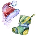 Isolated stocking, hat illustration elements. Christmas winter holiday symbol in a watercolor style isolated.