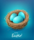 Isolated straw nest with Easter eggs, blue postcard
