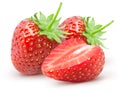 Isolated strawberries. Two whole strawberry fruits and half isolated on white background, with clipping path. Royalty Free Stock Photo