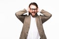 Young businessman in the Hear No Evil pose isolated on white background Royalty Free Stock Photo