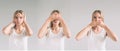 Isolated studio shot of a Caucasian woman in the See No Evil, Hear No Evil, Speak No Evil poses. Royalty Free Stock Photo