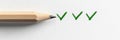 Isolated stylized pencil hovering over a modern flat checklist page with three green checkmarks visible. Survey research Royalty Free Stock Photo