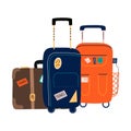 Isolated Suitcases with wheels. Travel bag with various stickers.Hand drawn vector illustration in flat cartoon style.