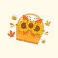 Isolated Sunflowers Basket With Flying Bee And Maple Leaves On Cosmic