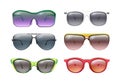 Isolated sunglasses. Colorful sunglass, realistic bright frames. Plastic metal rim, summer face protection fashion