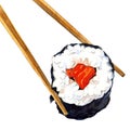 Isolated sushi roll with chopsticks