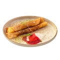 Isolated sweet crepe roll with cream and jam Royalty Free Stock Photo