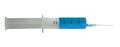 Isolated syringe with needle with blue liquid