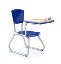 Isolated table sign and school chair on the white background. 3d illustration