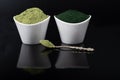 An isolated tablespoon of dried organic wheat grass and spirulina powder, on white rustic background