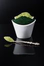 An isolated tablespoon of dried organic wheat grass and spirulina powder, on white rustic background Royalty Free Stock Photo