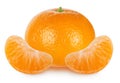 Isolated tangerine or mandarin. Whole and slices of citrus fruit isolated on white background. Tangerine, mandarin, clementine.