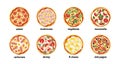 Isolated tasty pizza icons top view. Pizzas salami, mozzarella, peperoni. Pizzeria, delivery service fast food. Decent