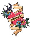 Isolated tattoo red heart with ribbon, swallow, flowers and word Mother. Vector illustration for Mother Day. Old school Royalty Free Stock Photo