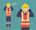 Isolated terrified and scared young male construction worker holding his head and yelling no. Royalty Free Stock Photo