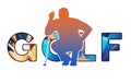 Isolated text GOLF on Withe Background - Color Icon Gradient Silhouette Figure of a Male Player Squatting to Judge Put