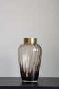 Isolated tint brown glass vase with gold stainless collar setting on black wood table / object isolated / interior design