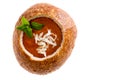 Isolated tomato soup in a sourdough bread bowl Royalty Free Stock Photo